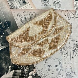 Vintage Cream and Gold Sequined Beaded Evening Dainty Clutch Purse Bag